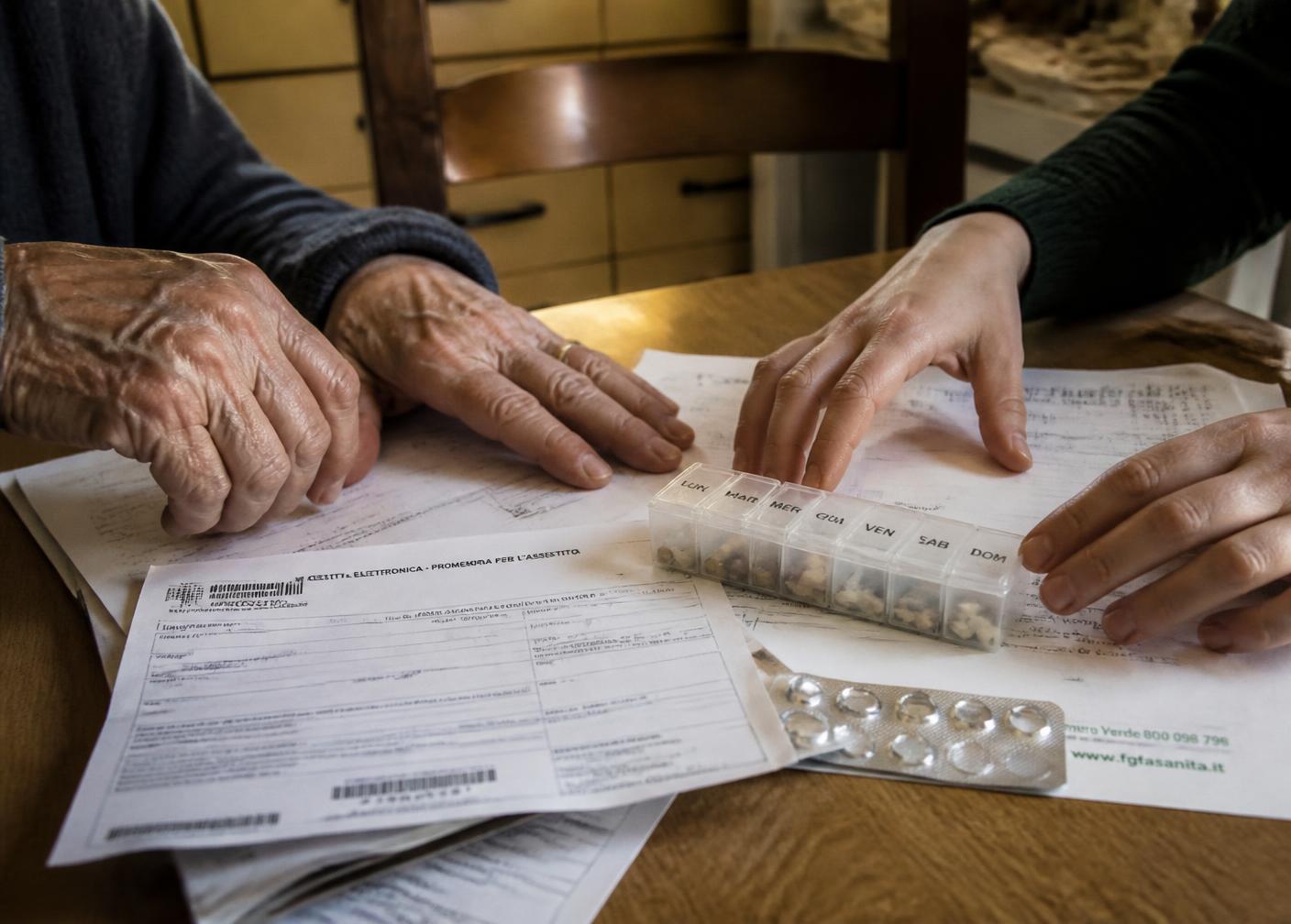 Mani che organizzano documenti medici su un tavolo di casa
